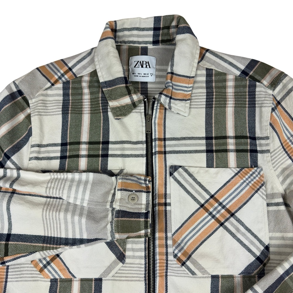 Zara Mens Plaid Zip Up Shirt Jacket Large Cream Olive Orange Flannel Overshirt